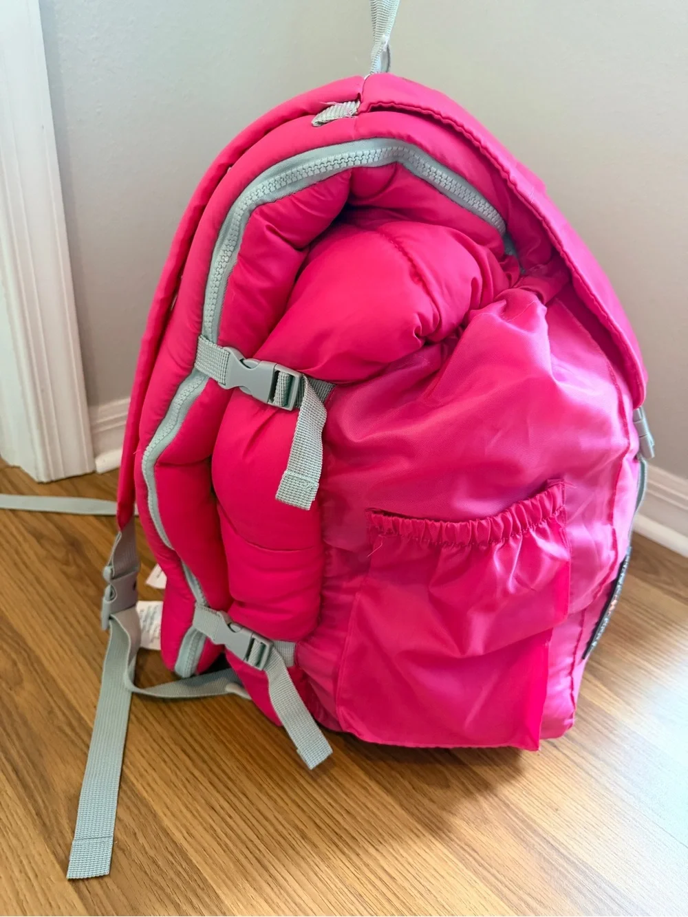 Kids Sleep N pack Hibiscus Pink Sleeping Backpack with Gray Straps